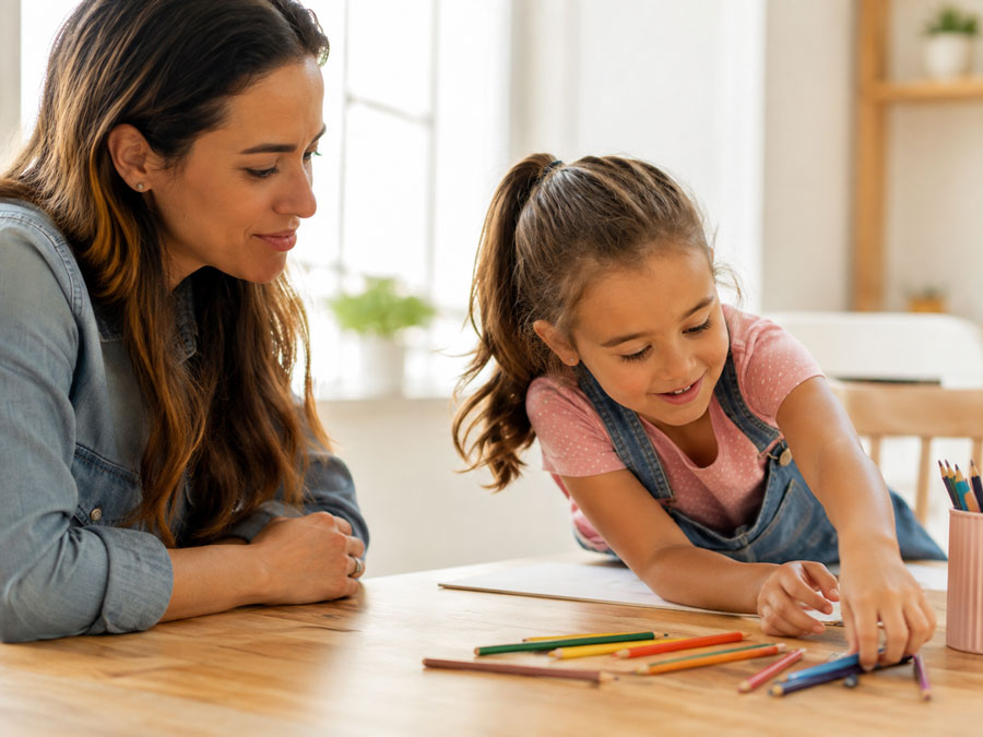 Adult helping a child with a learning activity