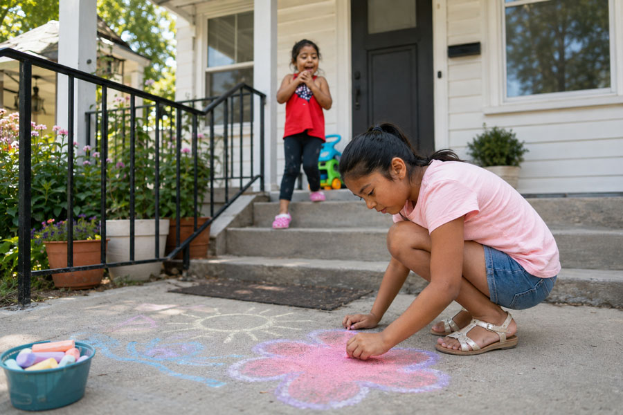 Children drawing with sidewalk chalk outside their home